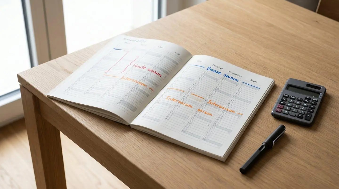 Calendrier annuel avec annotations des périodes tarifaires pour location saisonnière en montagne