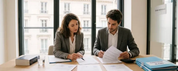 Deux professionnels analysant des documents de création de SCI dans un bureau notarial contemporain, statuts ouverts sur le bureau avec vue sur immeuble haussmannien par la fenêtre