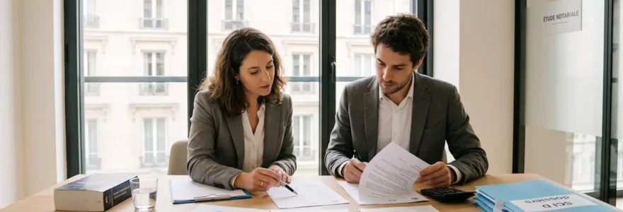 Deux professionnels analysant des documents de création de SCI dans un bureau notarial contemporain, statuts ouverts sur le bureau avec vue sur immeuble haussmannien par la fenêtre