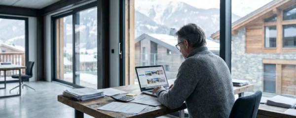 Propriétaire consultant des annonces de location saisonnière sur ordinateur portable dans bureau avec vue montagne