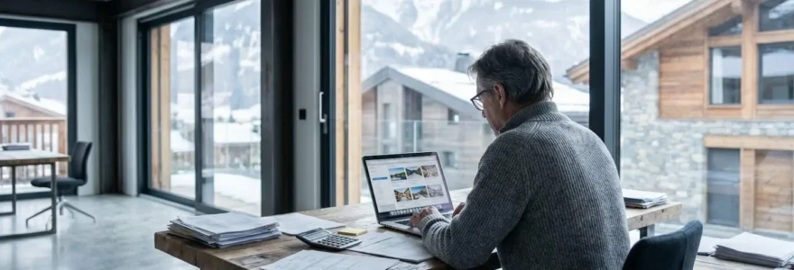 Propriétaire consultant des annonces de location saisonnière sur ordinateur portable dans bureau avec vue montagne